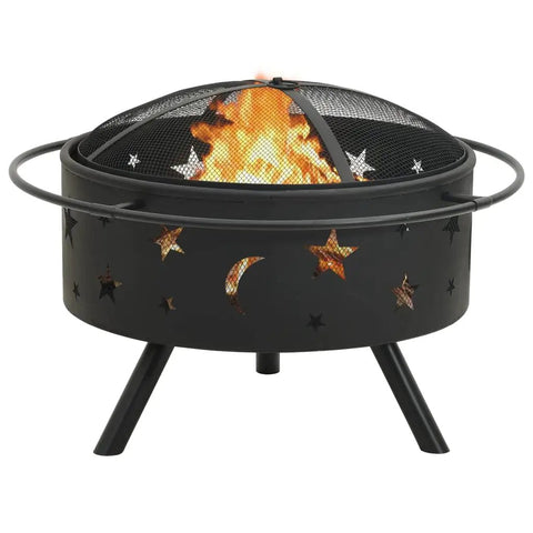 Outdoor Wood Burning Fire Pit For Patio And Garden, Portable Bonfire Pit With Tripod Stand, star and moon cutout design, lit fire
