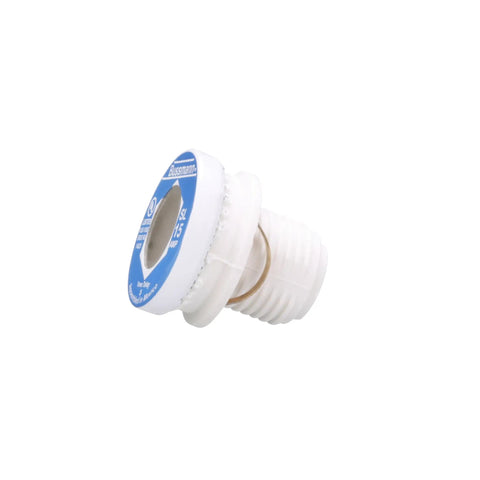 15 Amp Time Delay Load Link Rejection Base Plug Fuse angled view, 125V UL Listed, blue cap, white base for home use.