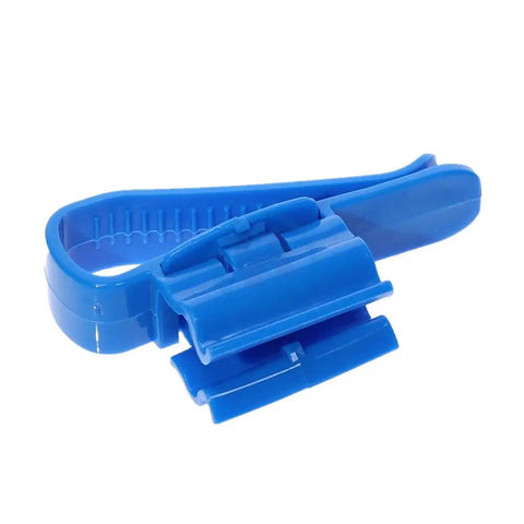 Close-up of blue Home Brew Bucket Clip Siphon Tube Hose Flow Control Clamps For Beer And Wine Making, shown open, durable, easy grip design.