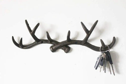 Straight Outta The Woods Dead Ringer Heavy Duty Cast Iron Deer Antler Wall Mount Coat Hooks, 14x5x1.5 inch key holder with keys.