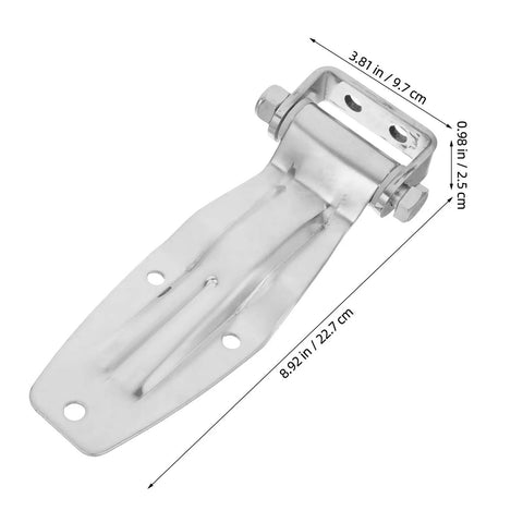 Heavy Duty Stainless Steel Truck Side Door Hinge 8x3.8x1 Inch For Trailers And Refrigerated Trucks With Smooth Operation All Weather Reliability Marine Grade Durability For Long Haul Use, angled view with measurements