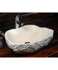 Top Shelf Stone Vessel Bathroom Sink Ideal For Countertops Or Patios Featuring A Slick Smooth Bowl Interior And Rugged Outside Look That Is A Serious Space Upgrader, shown from the side with faucet.