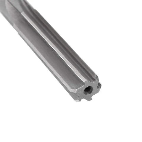 Close-up of Chucking Reamer 10mm H7 HSS Lathe Reamer with 6 straight flutes for precise reaming of stainless steel holes in metalwork.