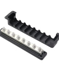 Top Shelf Heavy Duty Copper Battery Bus Bar Rated 600 Amp With Eight Three Eighth Posts and Flame Retardant Housing viewed from above.