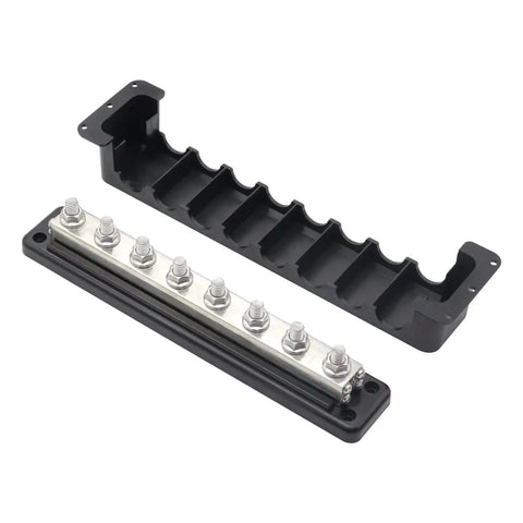Top Shelf Heavy Duty Copper Battery Bus Bar Rated 600 Amp With Eight Three Eighth Posts and Flame Retardant Housing viewed from above.