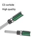 Heavy Duty Four Piece Flush Trim Router Bit Set With Top Bearing Quarter Inch Shank showing C3 carbide bits for precise template woodworking.