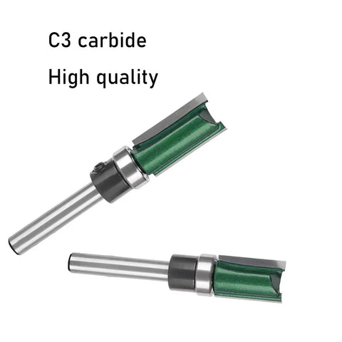 Heavy Duty Four Piece Flush Trim Router Bit Set With Top Bearing Quarter Inch Shank showing C3 carbide bits for precise template woodworking.