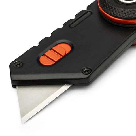 Close-up of Folding Utility Knife With Tool Free Blade Change, Slim Thumb Bridge Grip showing exposed blade and safety button.