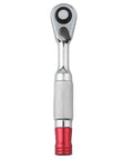 Compact Socket Wrench Set Featuring 72 Tooth Quick Swing Ratchet Built Ridiculously Tough For Crawling Into Cramped Engine Bays Without Any Fuss, showing a chrome ratchet with a red handle.