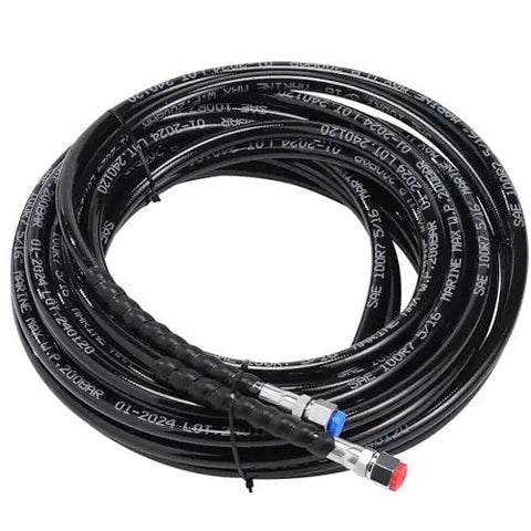 Hydraulic Boat Steering Kit for Outboard Motors 150HP with 26 Feet Hoses Two Way Lock Cylinder Relief Valve Air Pocket and Aluminum Alloy Housing Marine Steering System Plug And Play showing coiled high-pressure hoses.