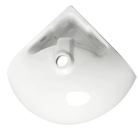White 22 Inch Corner Wall Mounted Ceramic Porcelain Sink With Faucet Hole Durable Glossy Glaze For Small Bathrooms And Modern Quarters Ideal For Tight Spaces And Contemporary Baths, top view.