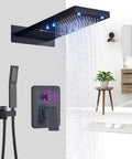 Premium Matte Black Shower System With LED Color Shifting Rainfall Showerhead Wall Mount Bathroom Faucet Set Three Way Water Control. Close-up of rainfall showerhead with blue LED lights and wall-mounted faucet.