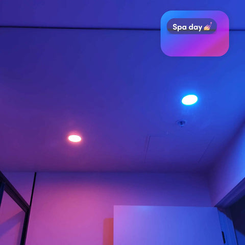 Smart Downlight Retrofit Kit with SuperColor Technology, 800 Lumen, 90 CRI in 5-6 inch recessed can lights showing color change.