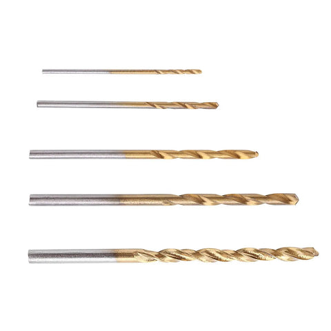 Set of five durable HSS drill bits with emery coating, part of the 50 Piece High Speed Steel Twist Drill Bit Set With Straight Shank For Metal Wood Plastic DIY Drilling Projects, Durable HSS Bits With Emery Coating, Five Popular Bit Types, Lightweight And Compact, Great For Pros And Home Use.