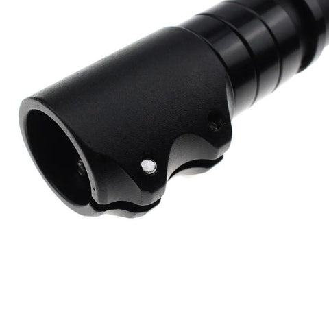 Close-up of Adjustable Bike Stem Riser and Fork Extender for Mountain Road MTB BMX and Fixie, 70mm extension, black aluminum alloy.