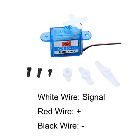 Two Pack Micro Digital Servo GH-S37D 3.7g Coreless RC Servo in blue with mounting accessories and wiring guide