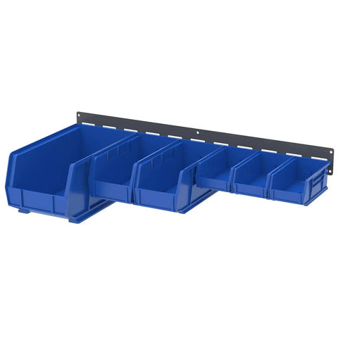 Heavy Duty Wall Mount Garage Storage Steel Louvered Rail System For AkroBins, Wall Bin Organizer, gray rail with blue bins