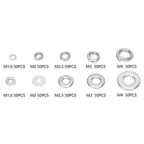 Lock Washers Assortment Kit With 5 Sizes M1.6 M2 M2.5 M3 M4 For Screws And Bolts, Anti Loosening, Leak Prevention, Surface Protection, Beefed Up Clamp Distribution, Heavy Duty Metal Washer Set For Tools And Hardware, labeled metal washers