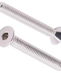 1/4-20 Flat Socket Cap Screws, 2-1/2 Inch Long, Full Thread, Countersunk Head, 304 Stainless Steel 18-8, side view, two screws