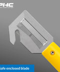 HH700 Banding And Strapping Cutter With Metal Head Concealed Blade For Easy Packaging Strap Cuts Safe Blade Change Reducing Workplace Injuries Great For Pallet Banding Plastic Straps And Heavy Duty Packaging Setups, yellow handle close-up