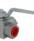 Front view of Half Inch NPT 3 Way Shut Off Hydraulic Ball Valve 7250 PSI High Pressure Workhorse with silver finish, L Born model