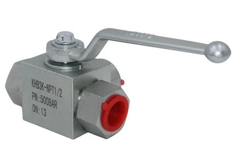 Front view of Half Inch NPT 3 Way Shut Off Hydraulic Ball Valve 7250 PSI High Pressure Workhorse with silver finish, L Born model