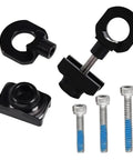 Two Pack Single Speed Bicycle Chain Tensioner Adjuster Regulator For BMX Fixed Gear Bikes Aluminum Alloy Black Durable Chain Fastener Tool Set showing components and screws.