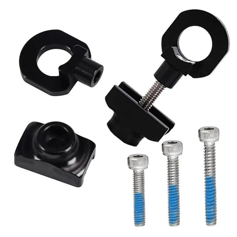 Two Pack Single Speed Bicycle Chain Tensioner Adjuster Regulator For BMX Fixed Gear Bikes Aluminum Alloy Black Durable Chain Fastener Tool Set showing components and screws.