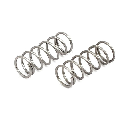 Compression springs, two stainless steel units, 6 mm OD, 0.6 mm wire, 15 mm free length, silver tone.
