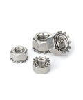 Top Grade 304 Stainless Steel Metric K-Type Serrated Hex Lock Nuts with External Toothed Polydentate Design in M3 to M10 sizes.