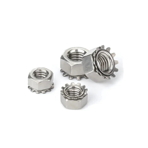 Top Grade 304 Stainless Steel Metric K-Type Serrated Hex Lock Nuts with External Toothed Polydentate Design in M3 to M10 sizes.