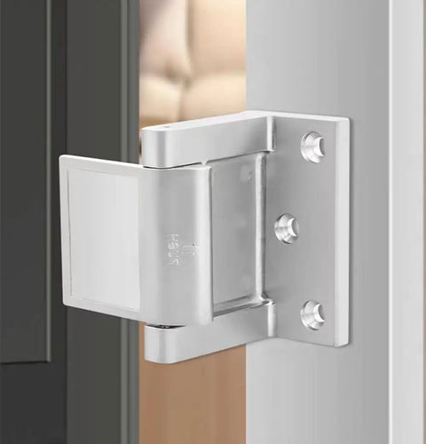 Heavy Duty Lockdown Door Reinforcer For Inswing Doors With Privacy Latch and Vent Gap Kickback Guard, close-up view of hinge installation.