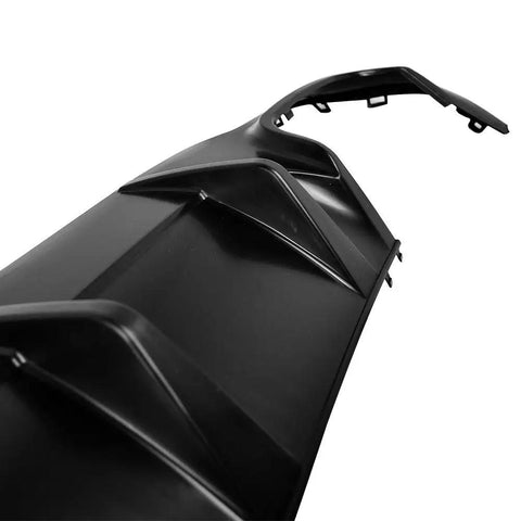 Close-up view of unpainted black ABS plastic rear bumper diffuser for 2012-2014 Mercedes C-Class C204 W204 coupe and sedan aero add on