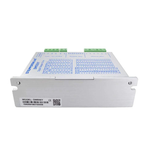 Front view of DM556Y digital stepper motor driver in aluminum enclosure with green terminal blocks