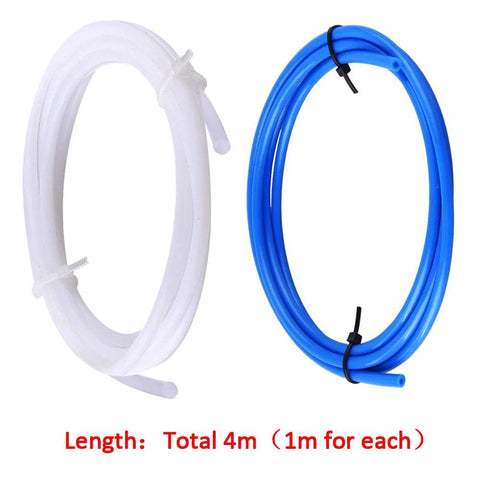 Front view: white PTFE tubing coil and blue pneumatic tubing coil, 1 m each (4 m total) for 3D printers