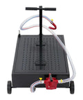 Heavy Duty 17 Gallon Oil Drain Pan With Manual Pump And 7.2 Foot Hose U Shaped Spout Thin Steel Mesh Cover Foldable T Handle on wheels.