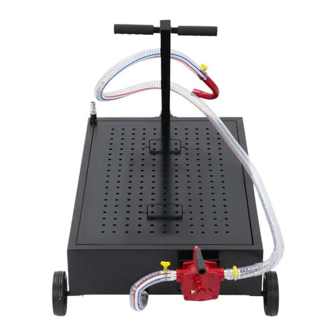 Heavy Duty 17 Gallon Oil Drain Pan With Manual Pump And 7.2 Foot Hose U Shaped Spout Thin Steel Mesh Cover Foldable T Handle on wheels.