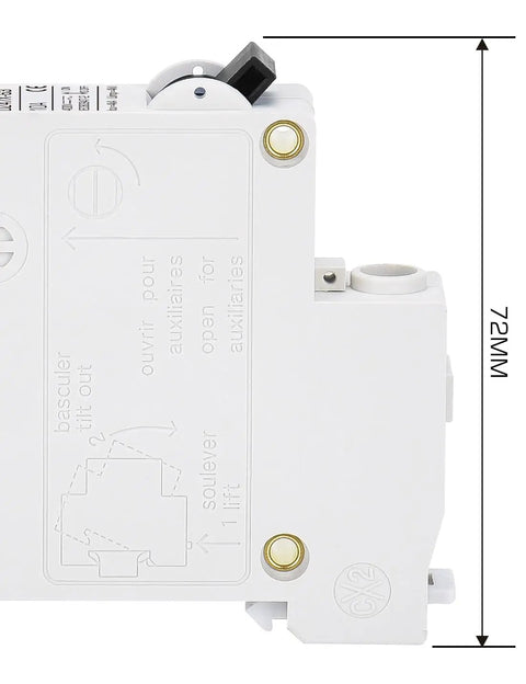 Heavy Duty AC DC Miniature Circuit Breakers 2 Pack Single Pole 10 Amp showing side view with clearly marked safety features.
