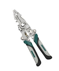 Tough As Nails Foldable Wire Strippers And Cutter Crimper Tool For Electrical Cable Work with grey and green rubber grips.