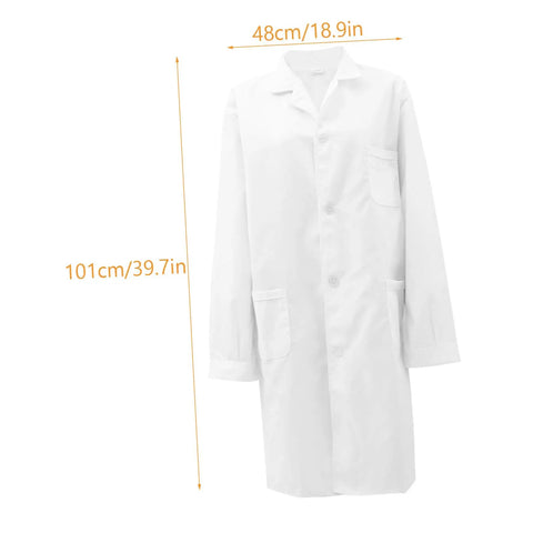 White Mens Lab Coat Doctor Costume, Long Sleeve Medical Uniform For Doctors, Medical Students, And Pharmacists with measurements
