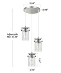 Three Light Glass Pendant Light With Brushed Nickel Finish And Clear Glass Shades Adjustable Cord Cool Farmhouse Ceiling Fixture For Kitchen Island Dining Room Bedroom And Living Room, dimensions and details visible