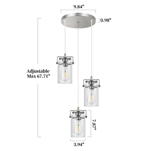 Three Light Glass Pendant Light With Brushed Nickel Finish And Clear Glass Shades Adjustable Cord Cool Farmhouse Ceiling Fixture For Kitchen Island Dining Room Bedroom And Living Room, dimensions and details visible