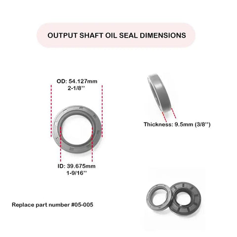 Beefed Up Rotary Cutter Gearbox Seal Set for 40HP and 50HP units, output shaft oil seal dimensions shown with part number 05-005