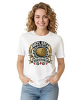 Men's Vintage Hay Horsepower T-Shirt Featuring Soft 100% Cotton Fabric With Distressed Farm Garage Badge Graphic, worn by a model.