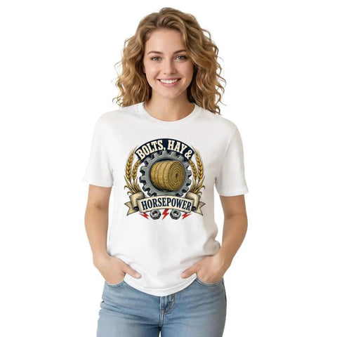 Men's Vintage Hay Horsepower T-Shirt Featuring Soft 100% Cotton Fabric With Distressed Farm Garage Badge Graphic, worn by a model.