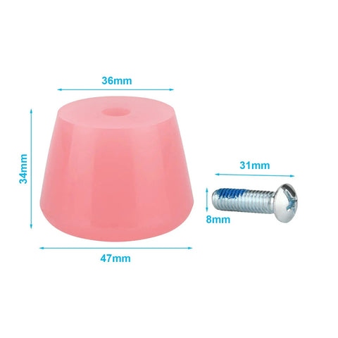 Pink roller skate toe stopper with included screw, shown with measurements, Two Pack Roller Skate Toe Stoppers Brake Plugs For Quad Skates