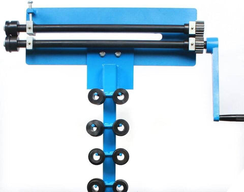 Manual Sheet Metal Bead Roller Machine With 6 Dies Set and Stand, showcasing the top view of roller and dies arrangement.