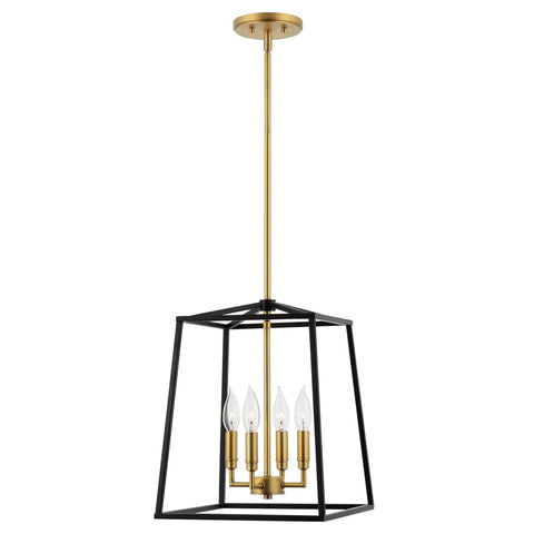 16 Inch 4 Light Modern Black Lantern Pendant Light With Warm Brass Accents Dope Geometric Metal Cage Chandelier Industrial Farmhouse Style