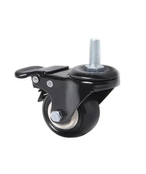Close-up of a single black 1.5 inch swivel wheel caster with brake and stem from Four Pack 1.5 Inch Swivel Wheel Furniture Caster With Brake Double Bearing Sleeve Black Stem Casters For M8 And M10 Posts Universal Fit Heavy Duty Rolling Wheels For Home Office DIY Projects