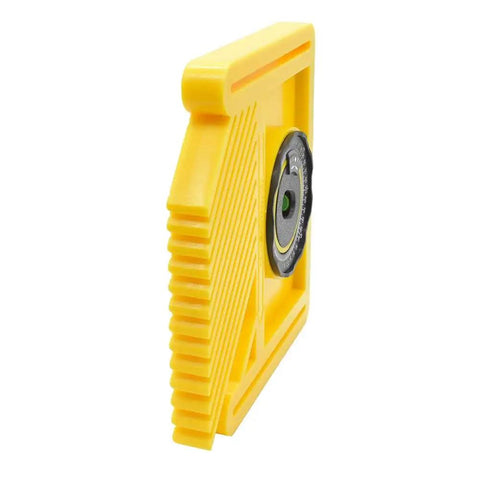 Heavy Duty Featherboard With Built In Level And Quick Angle Finder Featuring Strong Magnetic Mount For Router Tables And Table Saws, yellow plastic side view.